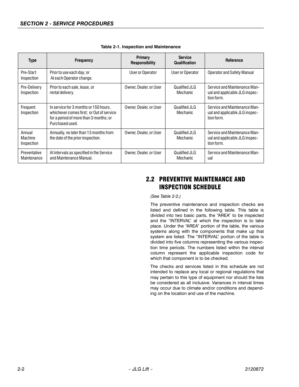 2 preventive maintenance and inspection schedule, Inspection and maintenance -2 | JLG 41AM (3120872) Service Manual User Manual | Page 24 / 76