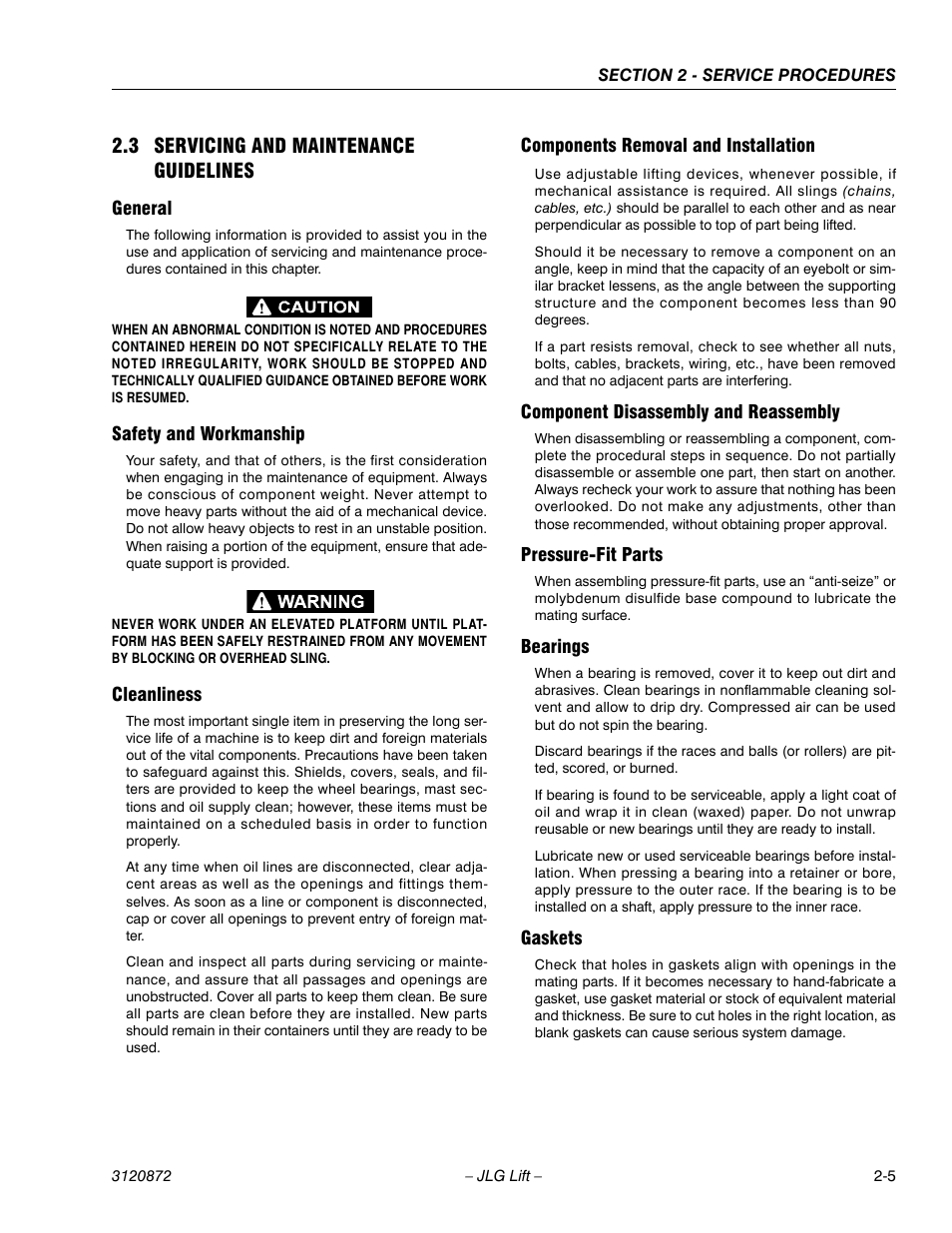 3 servicing and maintenance guidelines, General, Safety and workmanship | Cleanliness, Components removal and installation, Component disassembly and reassembly, Pressure-fit parts, Bearings, Gaskets, 3 servicing and maintenance guidelines -5 | JLG 41AM (3120872) Service Manual User Manual | Page 27 / 76