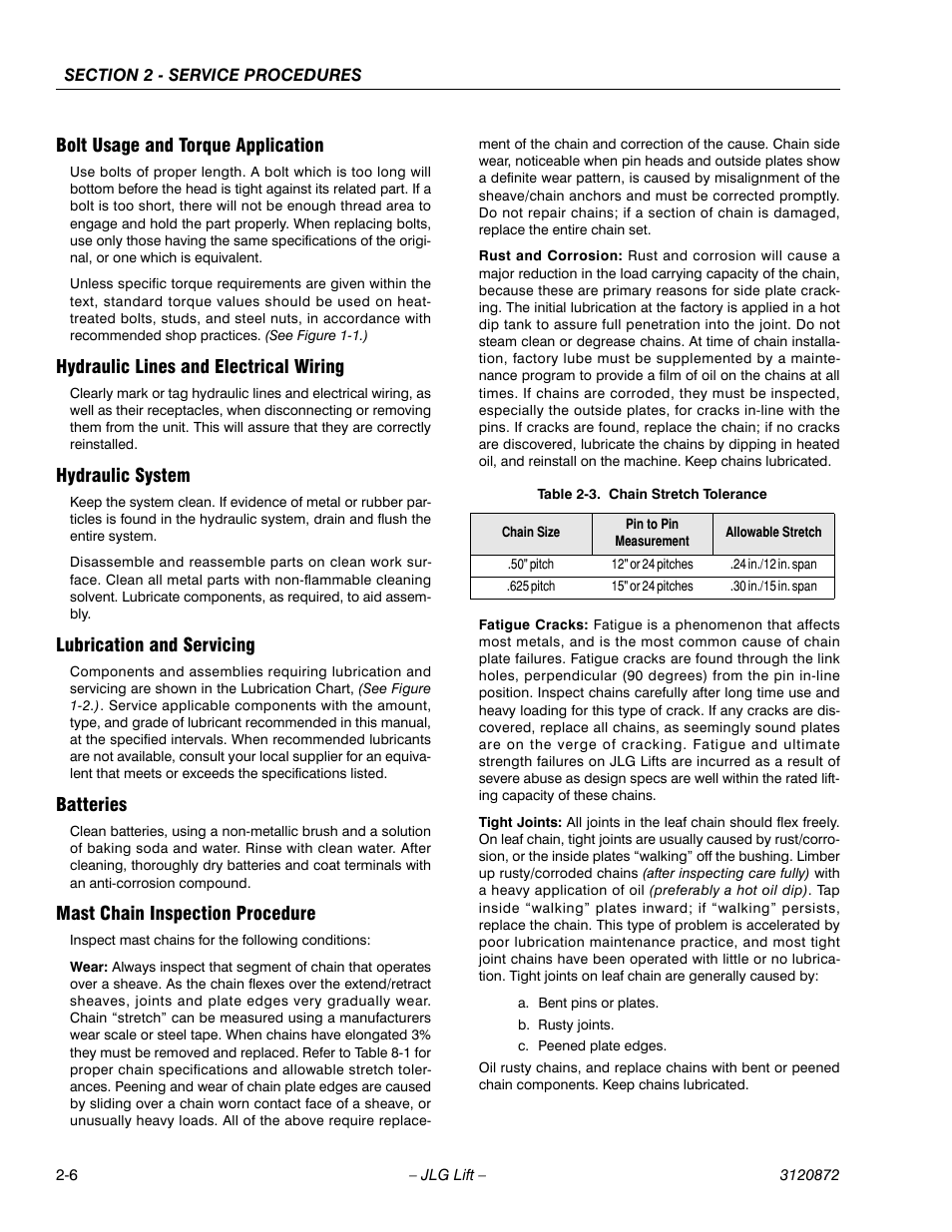 Bolt usage and torque application, Hydraulic lines and electrical wiring, Hydraulic system | Lubrication and servicing, Batteries, Mast chain inspection procedure, Chain stretch tolerance -6 | JLG 41AM (3120872) Service Manual User Manual | Page 28 / 76