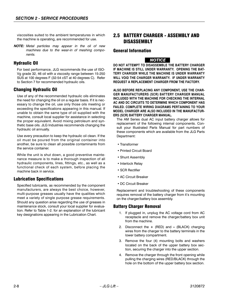 Hydraulic oil, Changing hydraulic oil, Lubrication specifications | 5 battery charger - assembly and disassembly, General information, Battery charger removal, 5 battery charger - assembly and disassembly -8, General information -8 battery charger removal -8 | JLG 41AM (3120872) Service Manual User Manual | Page 30 / 76