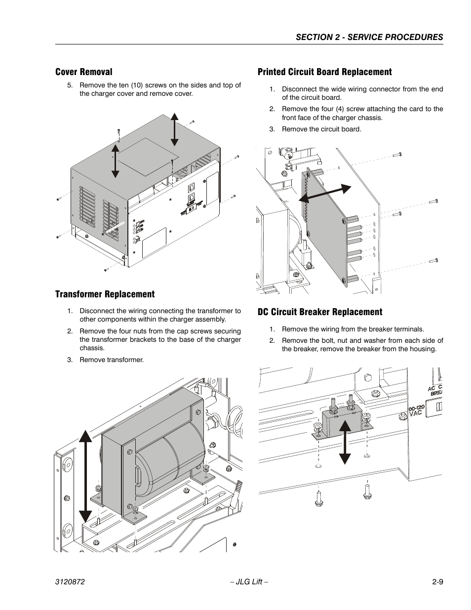 Cover removal, Transformer replacement, Printed circuit board replacement | Dc circuit breaker replacement | JLG 41AM (3120872) Service Manual User Manual | Page 31 / 76