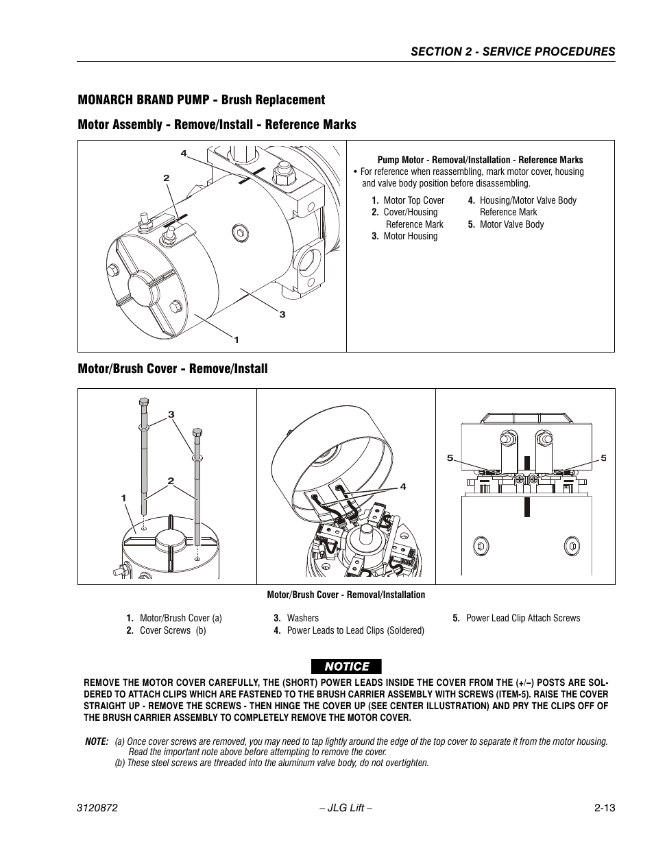 Monarch brand pump - brush replacement, Motor assembly - remove/install - reference marks, Motor/brush cover - remove/install | JLG 41AM (3120872) Service Manual User Manual | Page 35 / 76