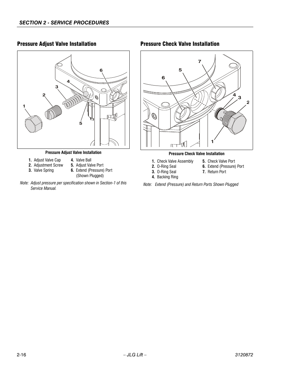 Pressure adjust valve installation, Pressure check valve installation | JLG 41AM (3120872) Service Manual User Manual | Page 38 / 76