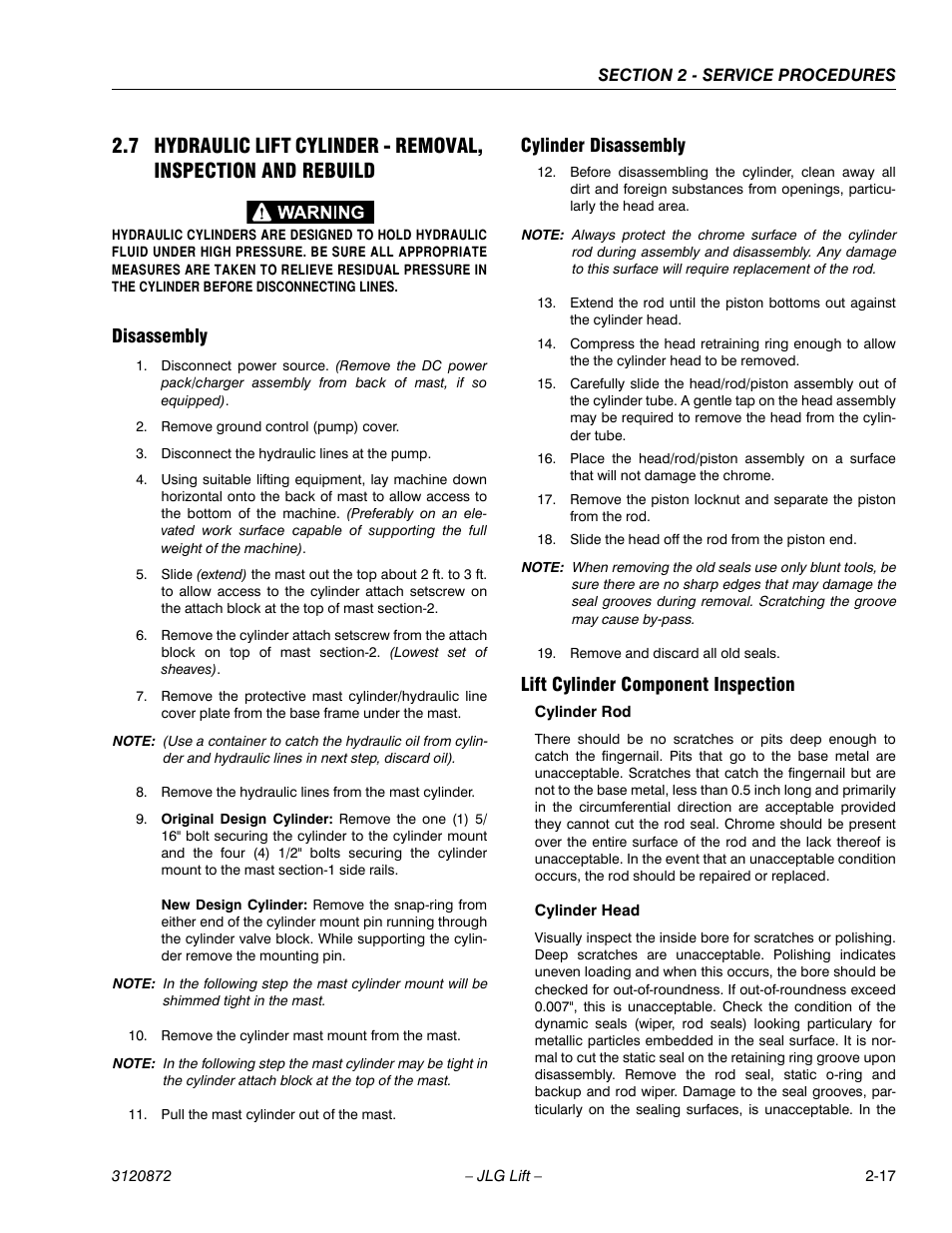 Disassembly, Cylinder disassembly, Lift cylinder component inspection | JLG 41AM (3120872) Service Manual User Manual | Page 39 / 76