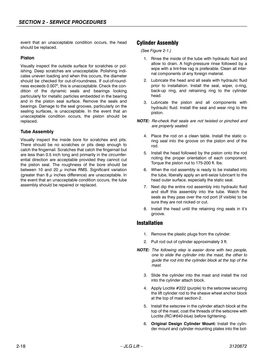 Cylinder assembly, Installation, Cylinder assembly -18 installation -18 | JLG 41AM (3120872) Service Manual User Manual | Page 40 / 76