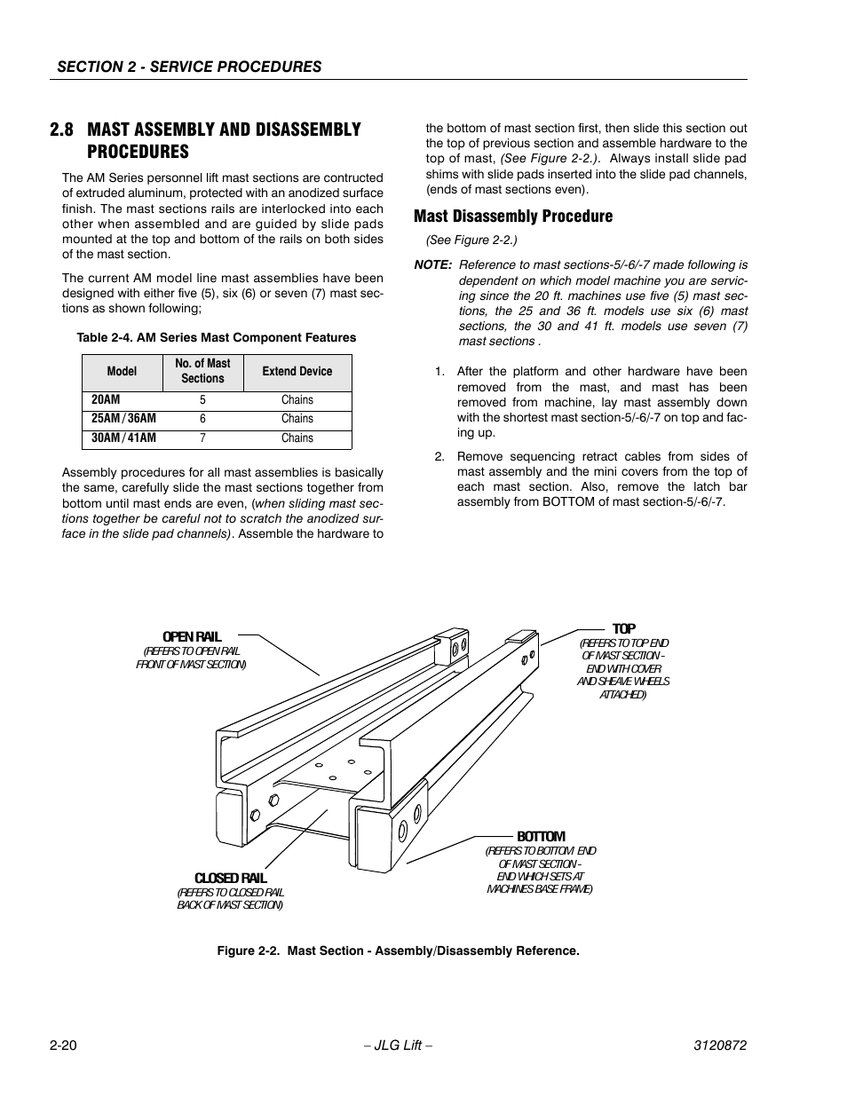 8 mast assembly and disassembly procedures, Mast disassembly procedure, 8 mast assembly and disassembly procedures -20 | Mast disassembly procedure -20, Mast section - assembly/disassembly reference -20, Am series mast component features -20 | JLG 41AM (3120872) Service Manual User Manual | Page 42 / 76