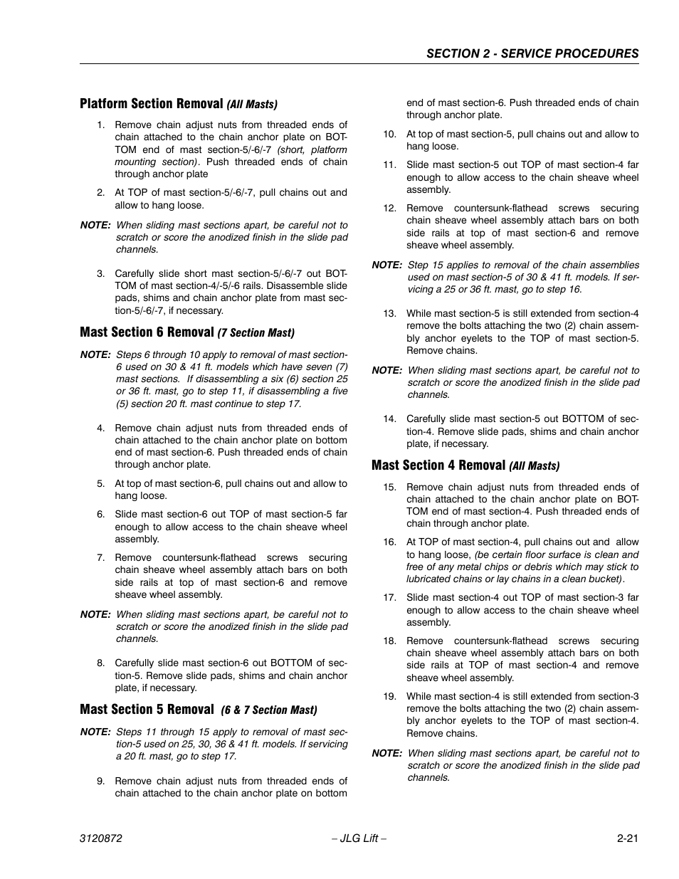 Platform section removal (all masts), Mast section 6 removal (7 section mast), Mast section 5 removal (6 & 7 section mast) | Mast section 4 removal (all masts) | JLG 41AM (3120872) Service Manual User Manual | Page 43 / 76