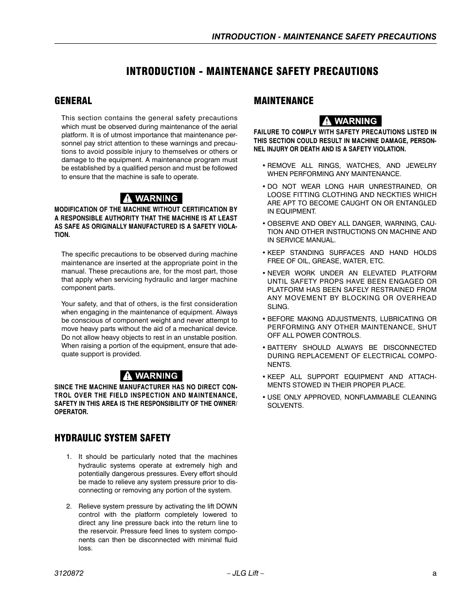 Introduction - maintenance safety precautions, General, Hydraulic system safety | Maintenance | JLG 41AM (3120872) Service Manual User Manual | Page 5 / 76