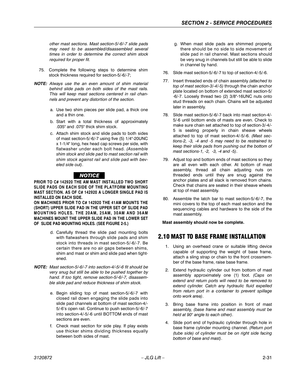 10 mast to base frame installation, 10 mast to base frame installation -31 | JLG 41AM (3120872) Service Manual User Manual | Page 53 / 76