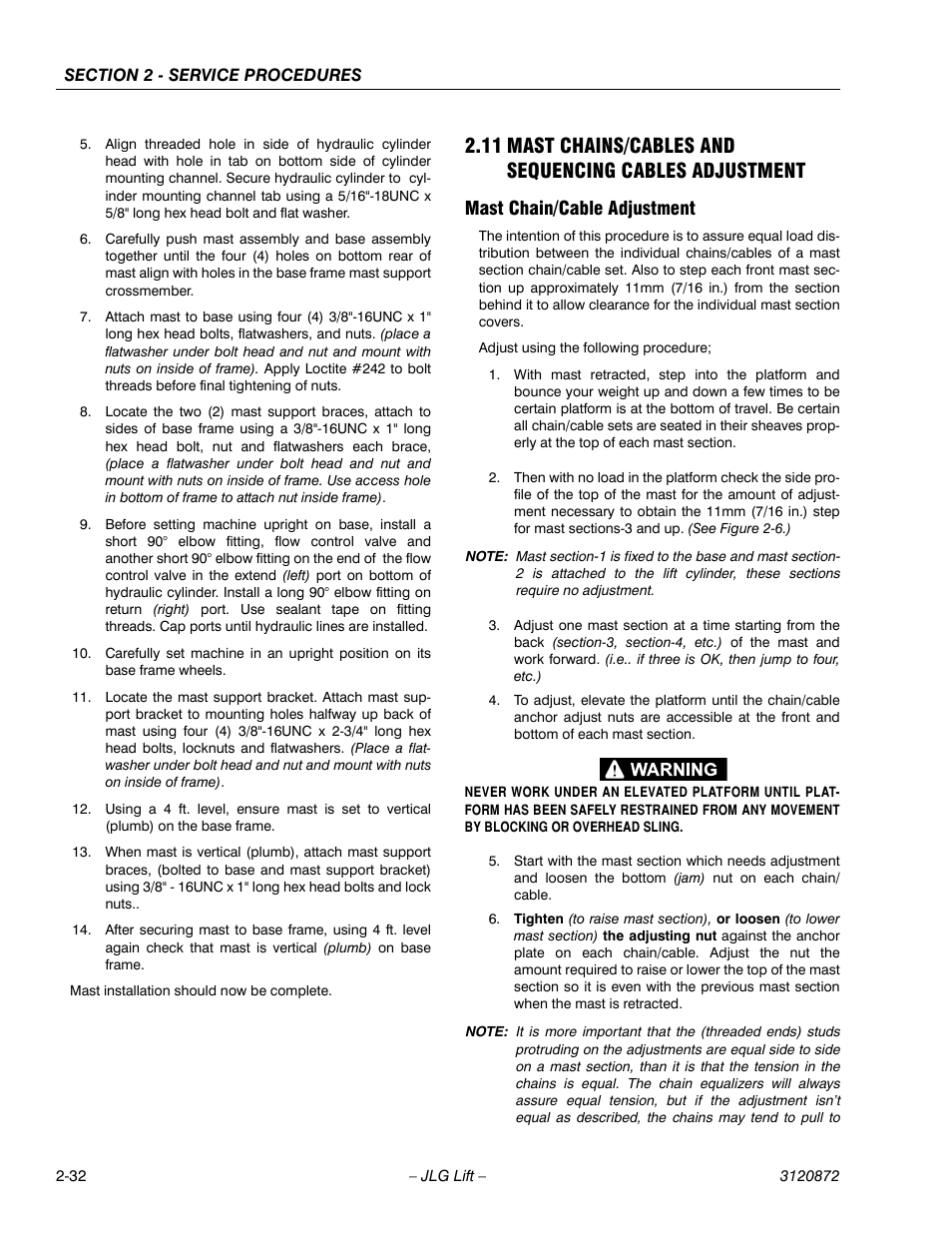 Mast chain/cable adjustment, Mast chain/cable adjustment -32 | JLG 41AM (3120872) Service Manual User Manual | Page 54 / 76