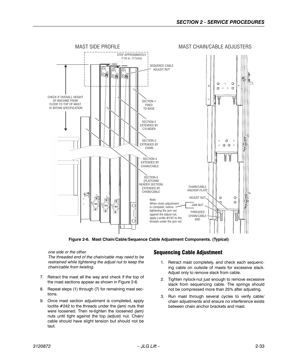 Sequencing cable adjustment, Sequencing cable adjustment -33, Mast side profile mast chain/cable adjusters | JLG 41AM (3120872) Service Manual User Manual | Page 55 / 76