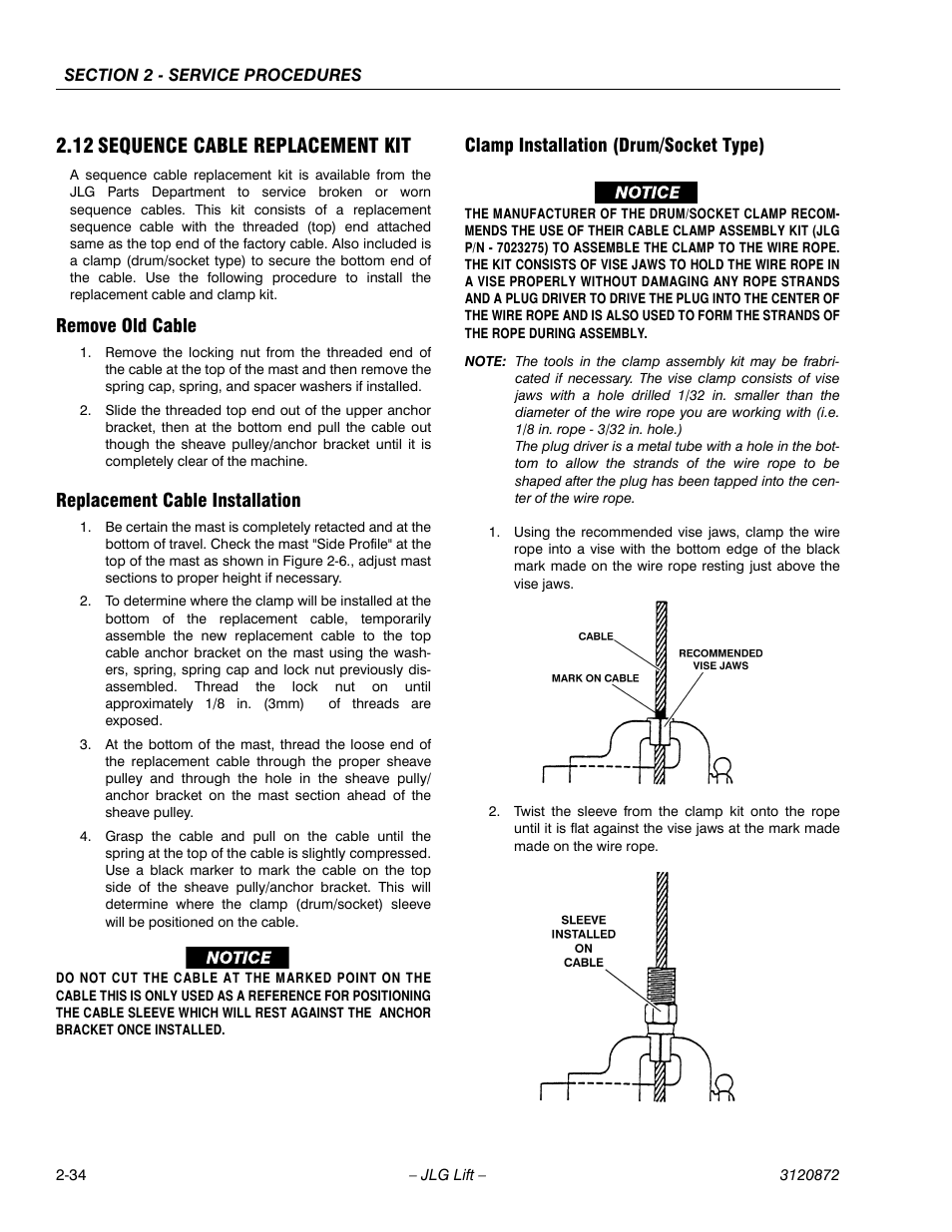 12 sequence cable replacement kit, Remove old cable, Replacement cable installation | Clamp installation (drum/socket type), 12 sequence cable replacement kit -34 | JLG 41AM (3120872) Service Manual User Manual | Page 56 / 76