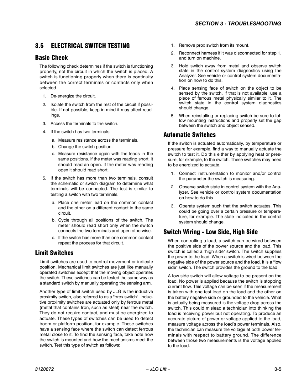 5 electrical switch testing, Basic check, Limit switches | Automatic switches, Switch wiring - low side, high side, 5 electrical switch testing -5, 5 electrical switch testing basic check | JLG 41AM (3120872) Service Manual User Manual | Page 63 / 76