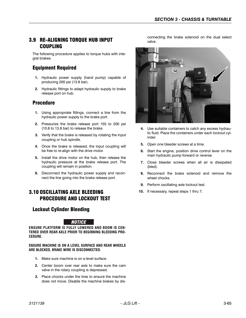 9 re-aligning torque hub input coupling, Equipment required, Procedure | Lockout cylinder bleeding, Re-aligning torque hub input coupling -65, Equipment required -65 procedure -65, Lockout cylinder bleeding -65 | JLG 800S Service Manual User Manual | Page 111 / 372