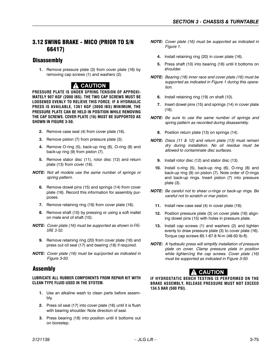 12 swing brake - mico (prior to s/n 66417), Disassembly, Assembly | Swing brake - mico (prior to s/n 66417) -75, Disassembly -75 assembly -75 | JLG 800S Service Manual User Manual | Page 121 / 372