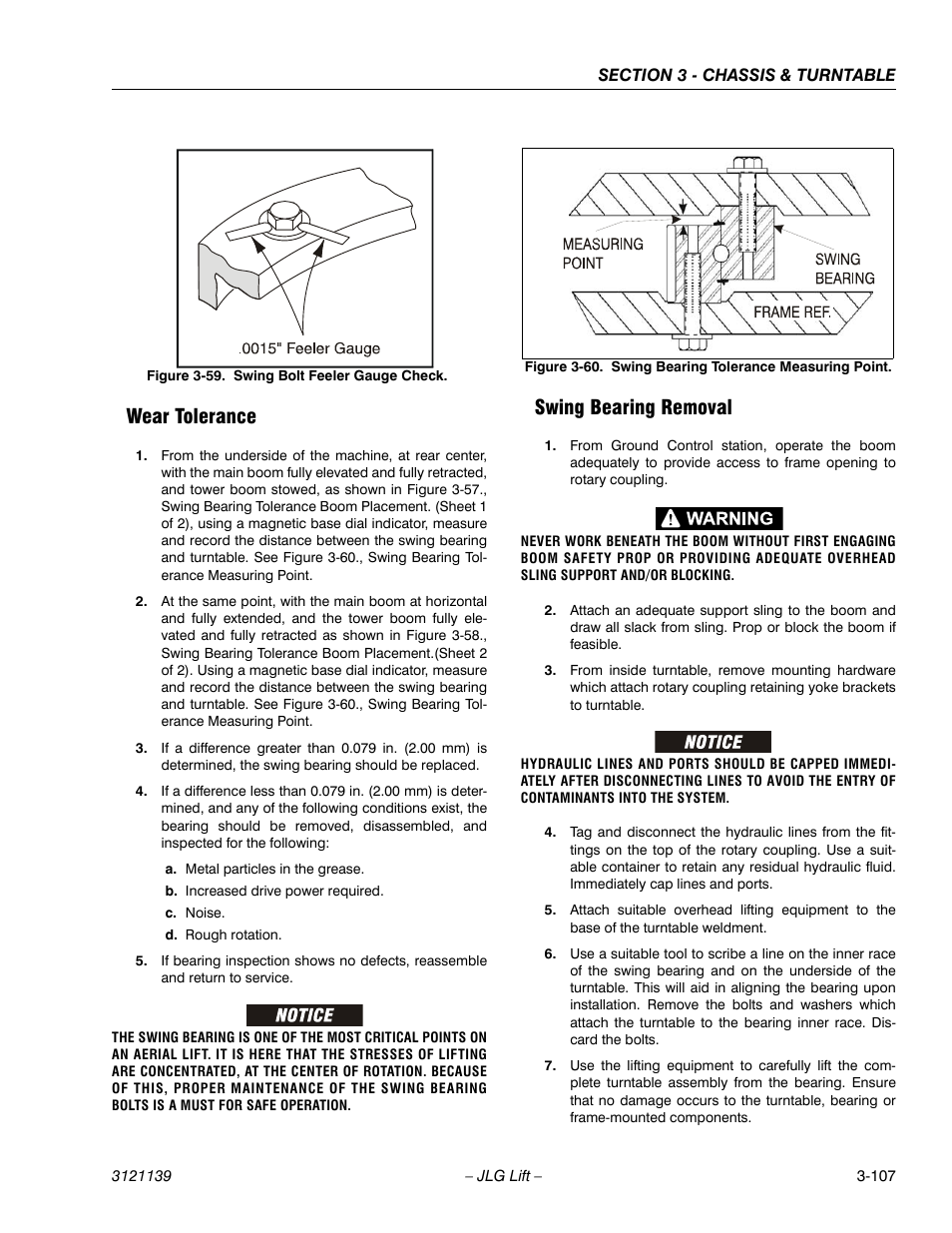 Wear tolerance, Swing bearing removal, Wear tolerance -107 swing bearing removal -107 | Swing bolt feeler gauge check -107, Swing bearing tolerance measuring point -107, On figure 3-59.. try to | JLG 800S Service Manual User Manual | Page 153 / 372