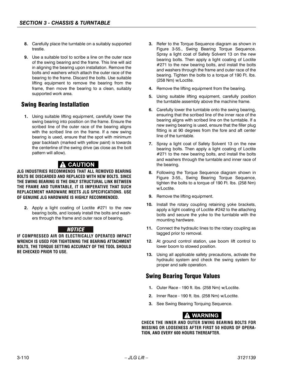 Swing bearing installation, Swing bearing torque values | JLG 800S Service Manual User Manual | Page 156 / 372