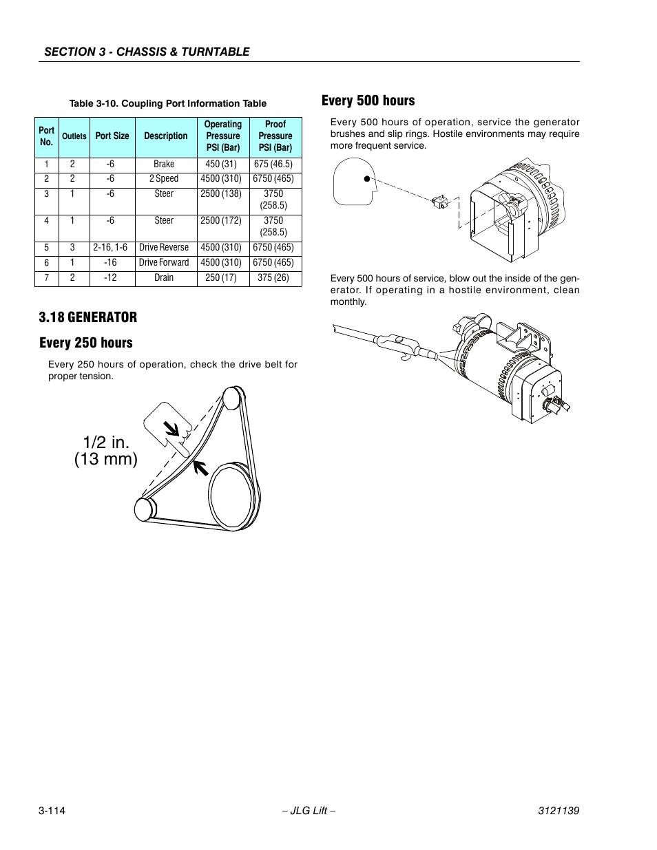 18 generator, Every 250 hours, Every 500 hours | Generator -114, Every 250 hours -114 every 500 hours -114, Coupling port information table -114, 1/2 in. (13 mm) | JLG 800S Service Manual User Manual | Page 160 / 372