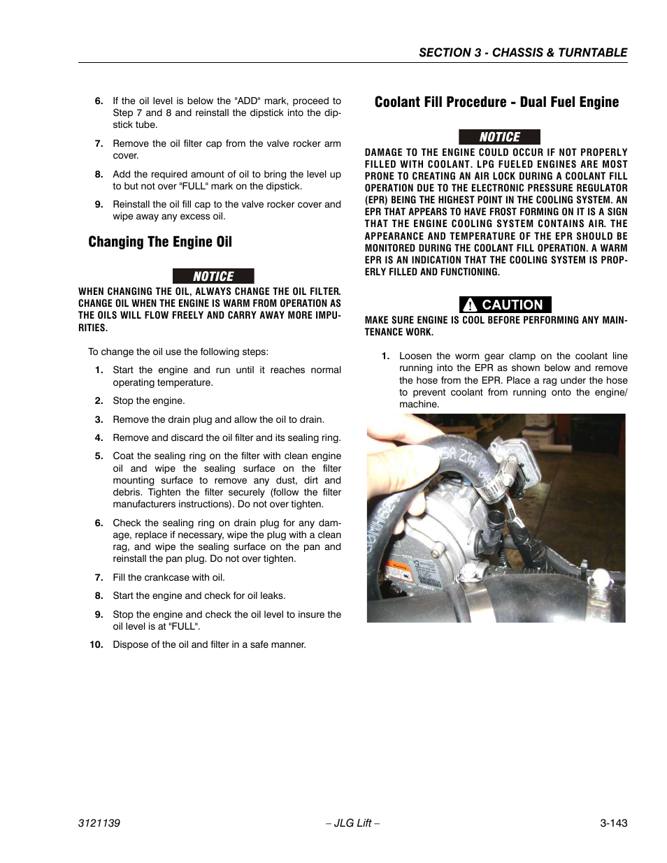 Changing the engine oil, Coolant fill procedure - dual fuel engine | JLG 800S Service Manual User Manual | Page 189 / 372