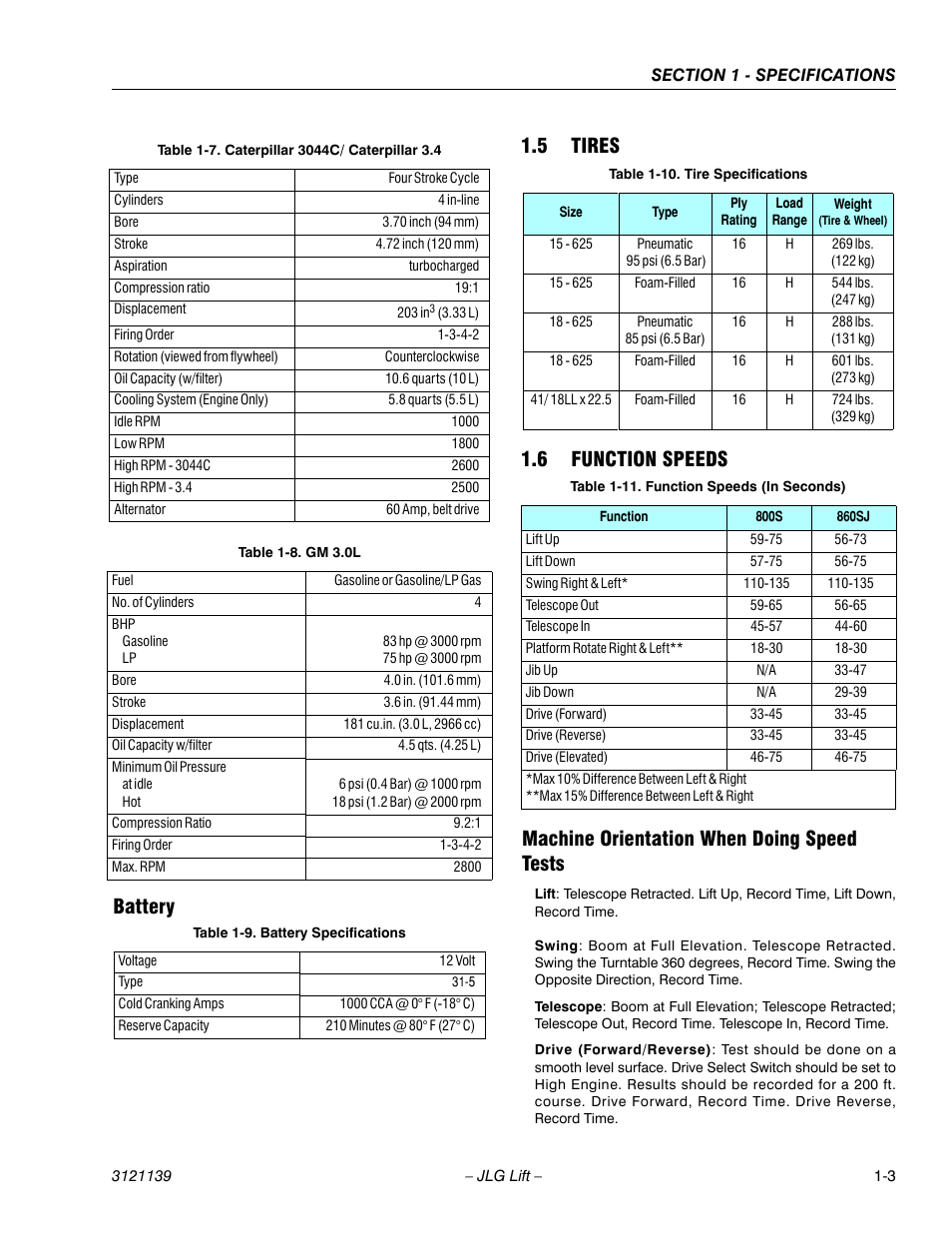 Battery, 5 tires, 6 function speeds | Machine orientation when doing speed tests | JLG 800S Service Manual User Manual | Page 19 / 372