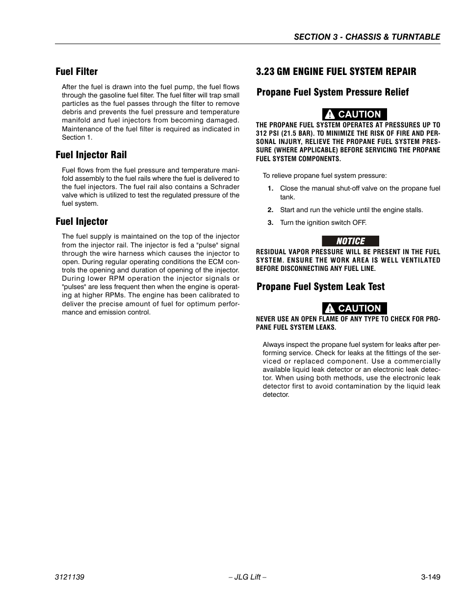 Fuel filter, Fuel injector rail, Fuel injector | 23 gm engine fuel system repair, Propane fuel system pressure relief, Propane fuel system leak test, Gm engine fuel system repair -149 | JLG 800S Service Manual User Manual | Page 195 / 372