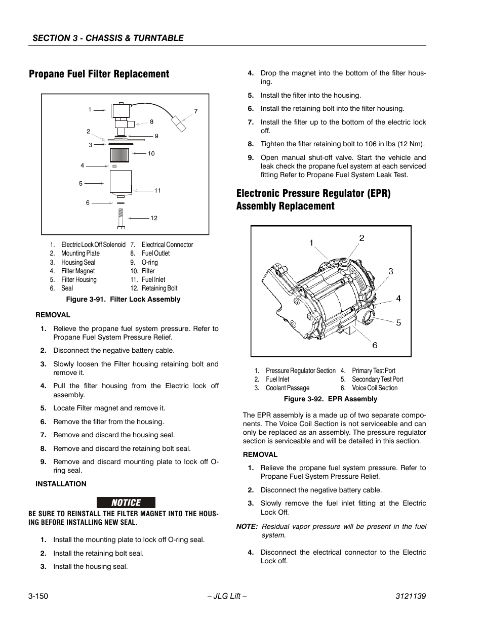 Propane fuel filter replacement, Filter lock assembly -150, Epr assembly -150 | JLG 800S Service Manual User Manual | Page 196 / 372