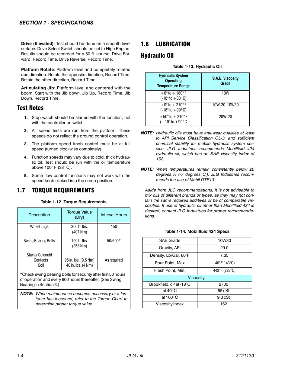 Test notes, 7 torque requirements, 8 lubrication | Hydraulic oil | JLG 800S Service Manual User Manual | Page 20 / 372