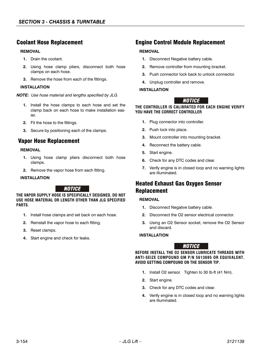 Coolant hose replacement, Vapor hose replacement, Engine control module replacement | Heated exhaust gas oxygen sensor replacement | JLG 800S Service Manual User Manual | Page 200 / 372