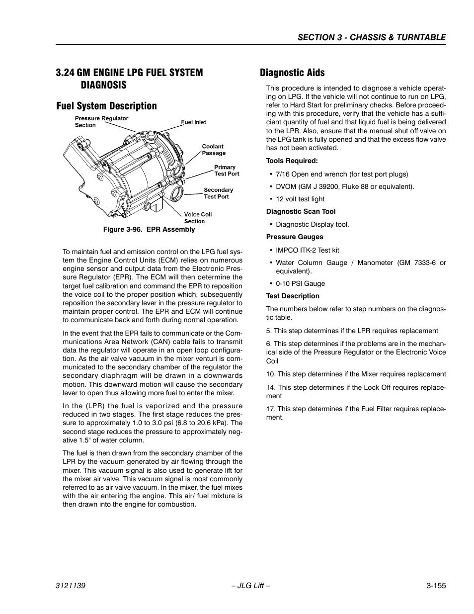 24 gm engine lpg fuel system diagnosis, Fuel system description, Diagnostic aids | Gm engine lpg fuel system diagnosis -155, Fuel system description -155 diagnostic aids -155, Epr assembly -155 | JLG 800S Service Manual User Manual | Page 201 / 372