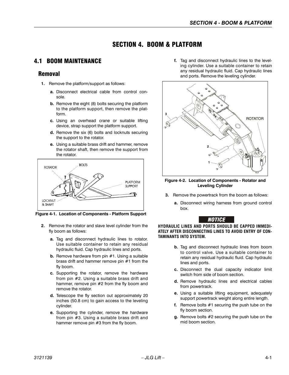 Section 4. boom & platform, 1 boom maintenance, Removal | Section 4 - boom & platform, Boom maintenance -1, Removal -1, Location of components - platform support -1, 1 boom maintenance removal | JLG 800S Service Manual User Manual | Page 217 / 372