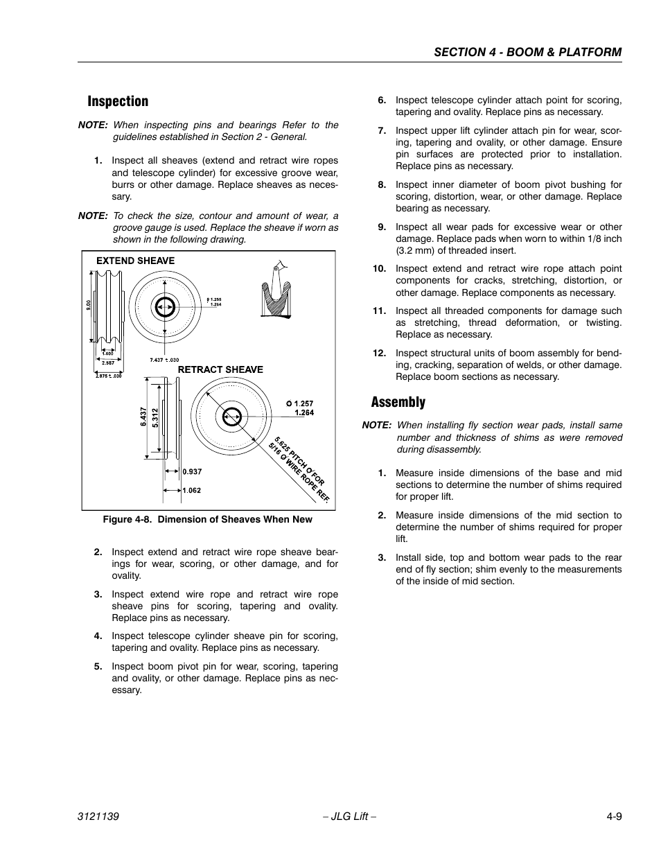 Inspection, Assembly, Inspection -9 assembly -9 | Dimension of sheaves when new -9 | JLG 800S Service Manual User Manual | Page 225 / 372