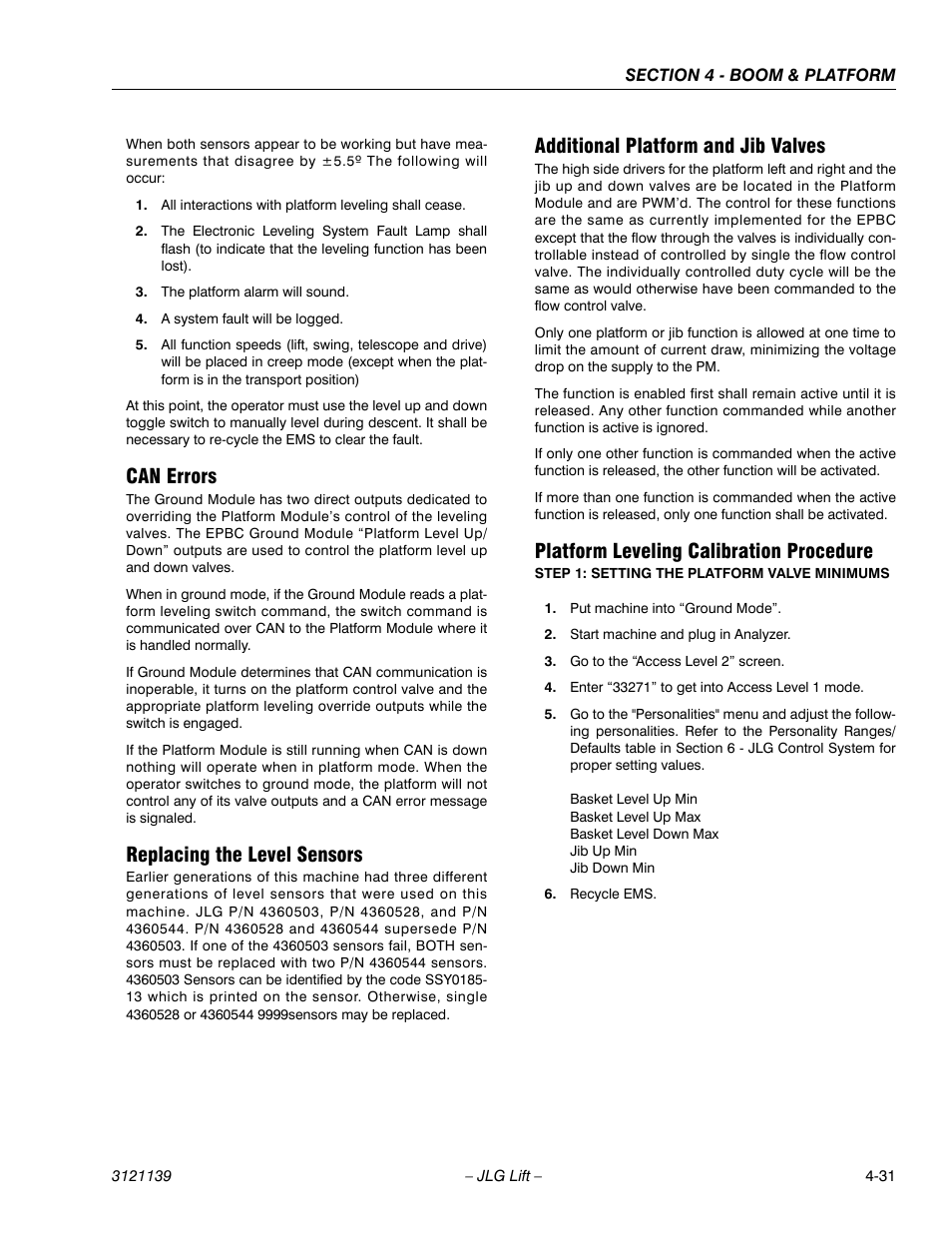 Can errors, Replacing the level sensors, Additional platform and jib valves | Platform leveling calibration procedure | JLG 800S Service Manual User Manual | Page 247 / 372