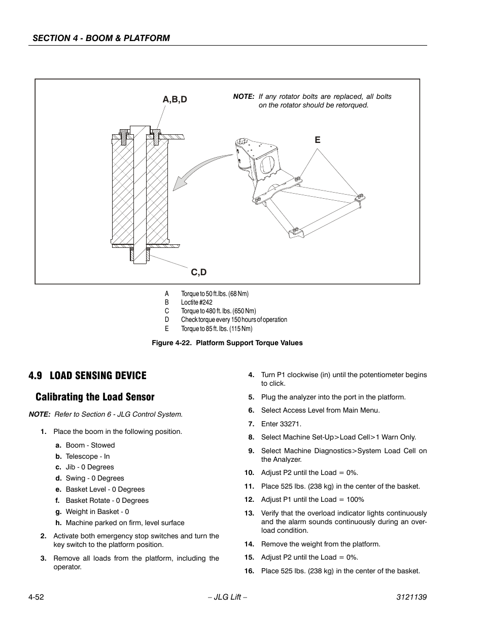 9 load sensing device, Calibrating the load sensor, Load sensing device -52 | Calibrating the load sensor -52, Platform support torque values -52, 9 load sensing device calibrating the load sensor | JLG 800S Service Manual User Manual | Page 268 / 372