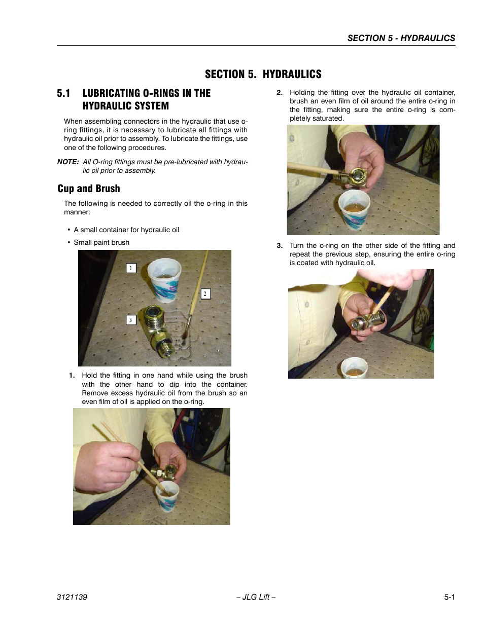 Section 5. hydraulics, 1 lubricating o-rings in the hydraulic system, Cup and brush | Section 5 - hydraulics, Lubricating o-rings in the hydraulic system -1, Cup and brush -1 | JLG 800S Service Manual User Manual | Page 271 / 372