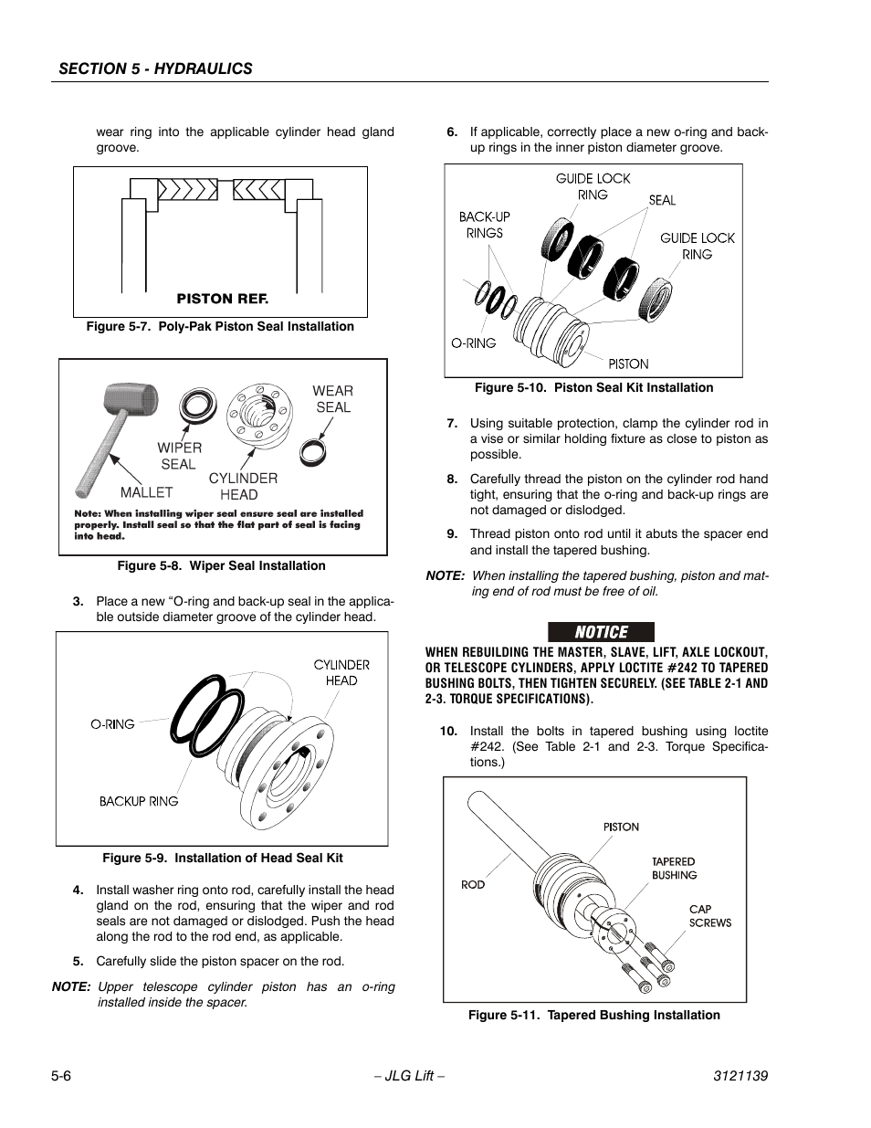 Poly-pak piston seal installation -6, Wiper seal installation -6, Installation of head seal kit -6 | Piston seal kit installation -6, Tapered bushing installation -6 | JLG 800S Service Manual User Manual | Page 276 / 372