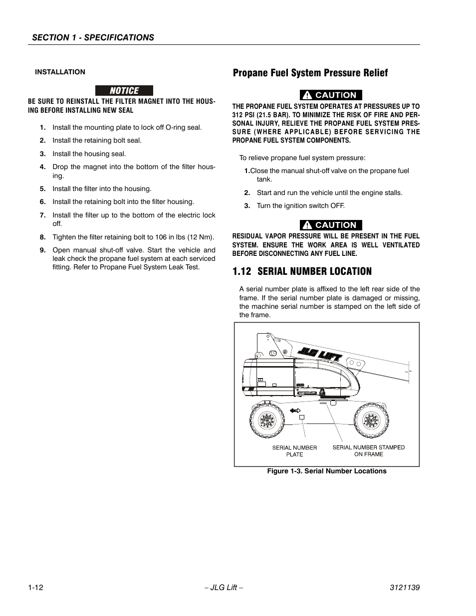 Propane fuel system pressure relief, 12 serial number location | JLG 800S Service Manual User Manual | Page 28 / 372