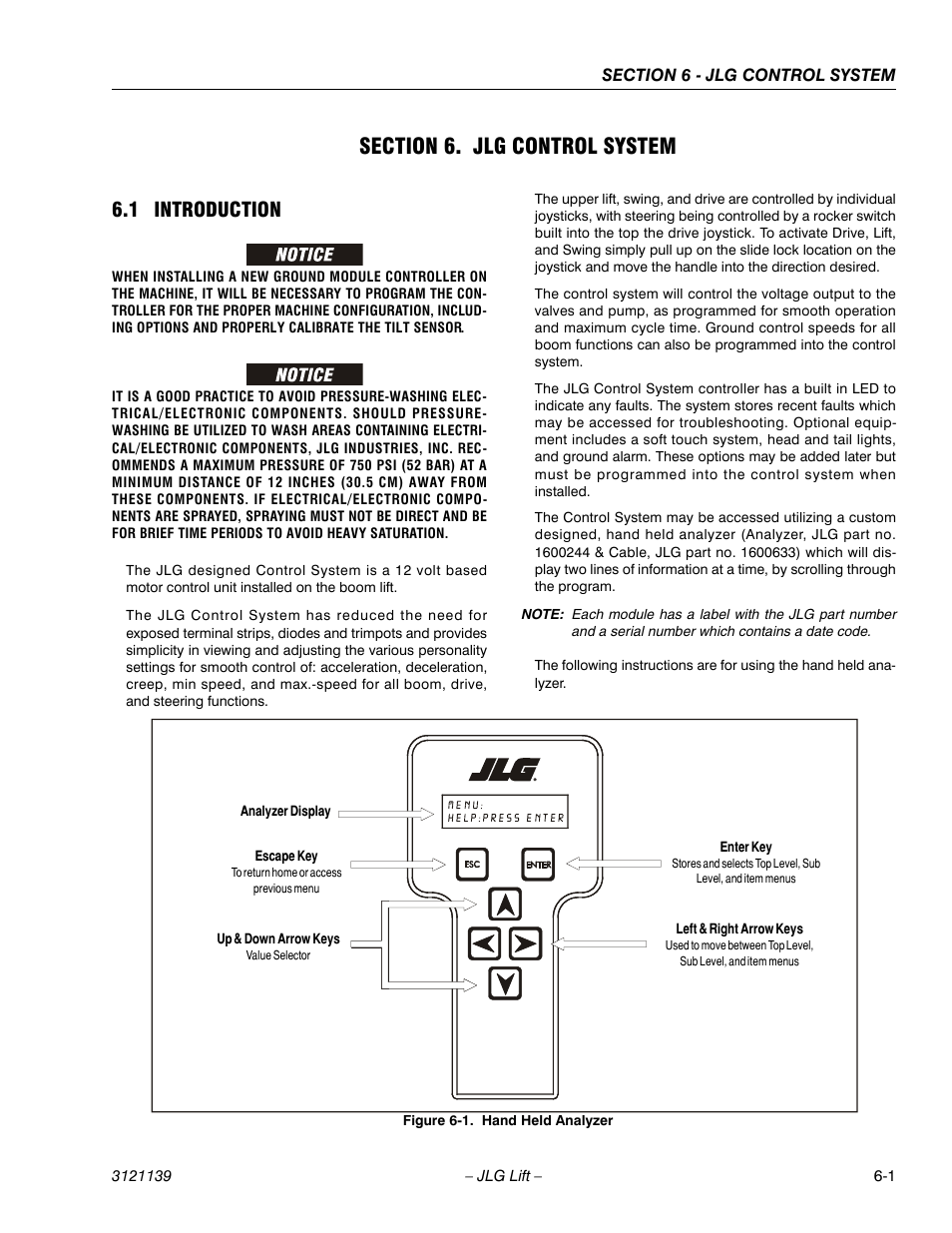 Section 6. jlg control system, 1 introduction, Section 6 - jlg control system | Introduction -1, Hand held analyzer -1 | JLG 800S Service Manual User Manual | Page 289 / 372