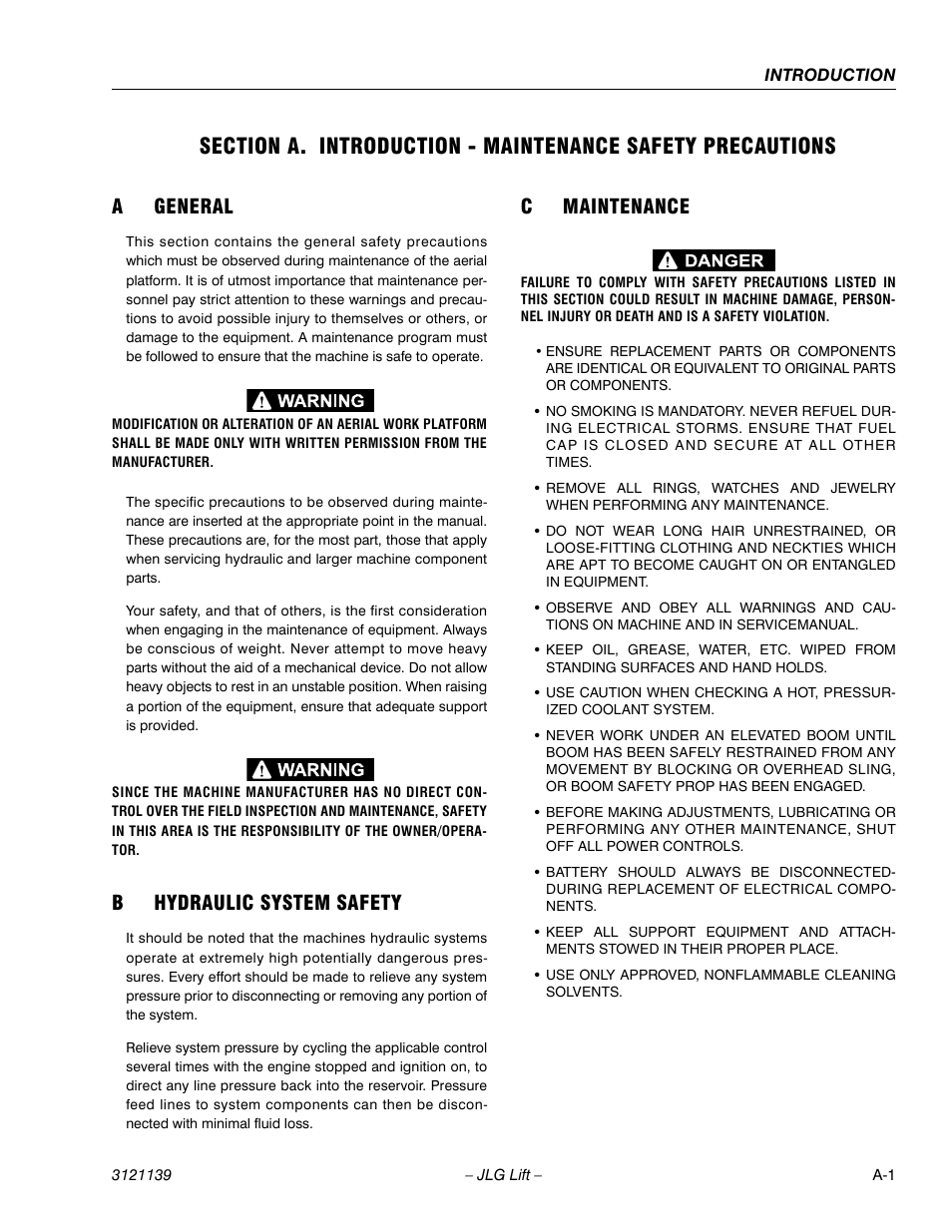 Ageneral, Bhydraulic system safety, Cmaintenance | JLG 800S Service Manual User Manual | Page 3 / 372