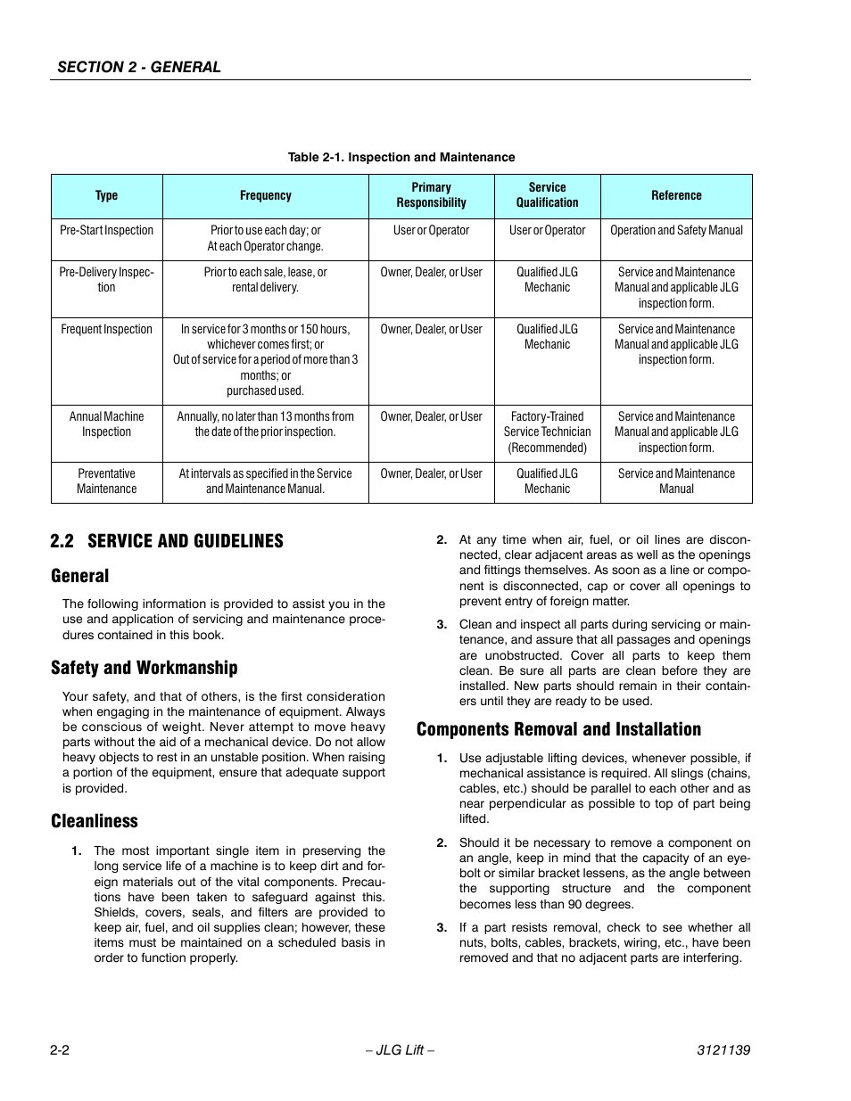 2 service and guidelines, General, Safety and workmanship | Cleanliness, Components removal and installation, Service and guidelines -2, Inspection and maintenance -2, 2 service and guidelines general | JLG 800S Service Manual User Manual | Page 36 / 372