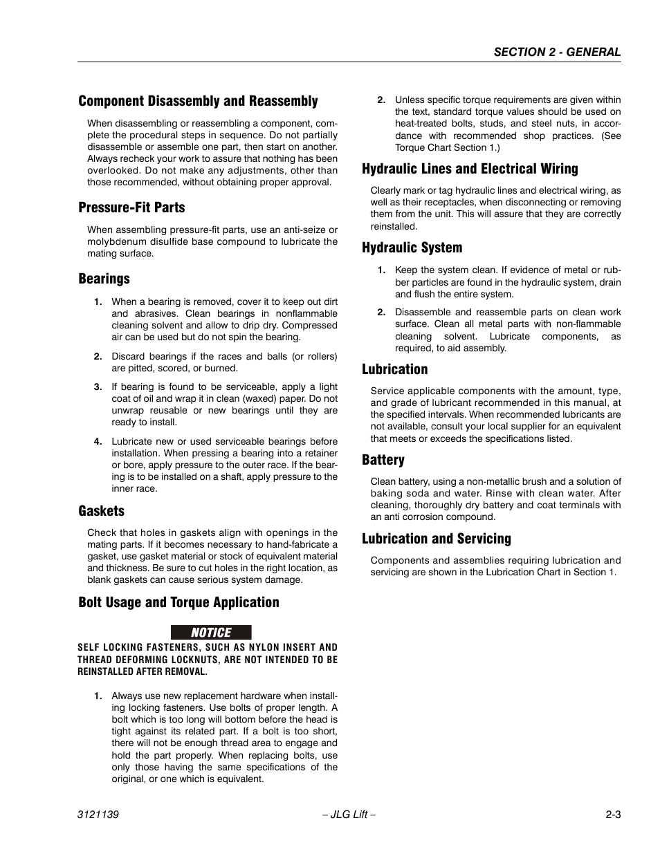 Component disassembly and reassembly, Pressure-fit parts, Bearings | Gaskets, Bolt usage and torque application, Hydraulic lines and electrical wiring, Hydraulic system, Lubrication, Battery, Lubrication and servicing | JLG 800S Service Manual User Manual | Page 37 / 372