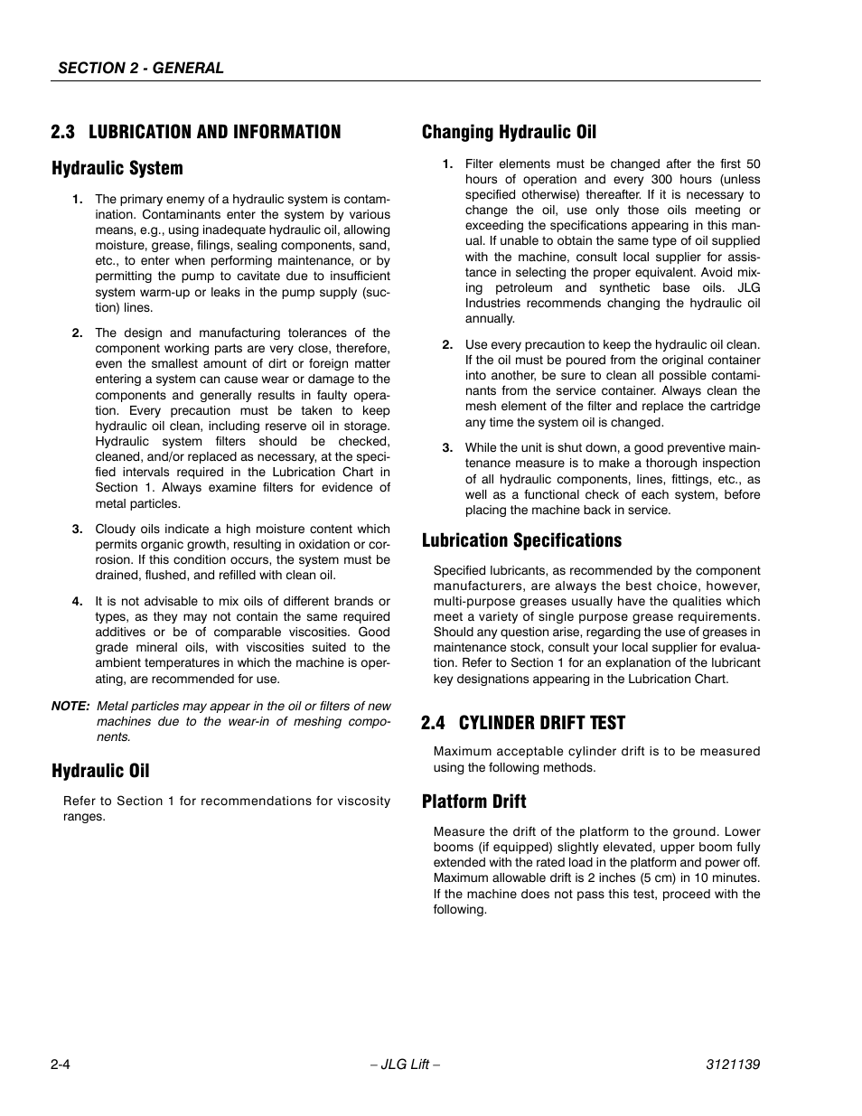 3 lubrication and information, Hydraulic system, Hydraulic oil | Changing hydraulic oil, Lubrication specifications, 4 cylinder drift test, Platform drift, Lubrication and information -4, Cylinder drift test -4, Platform drift -4 | JLG 800S Service Manual User Manual | Page 38 / 372