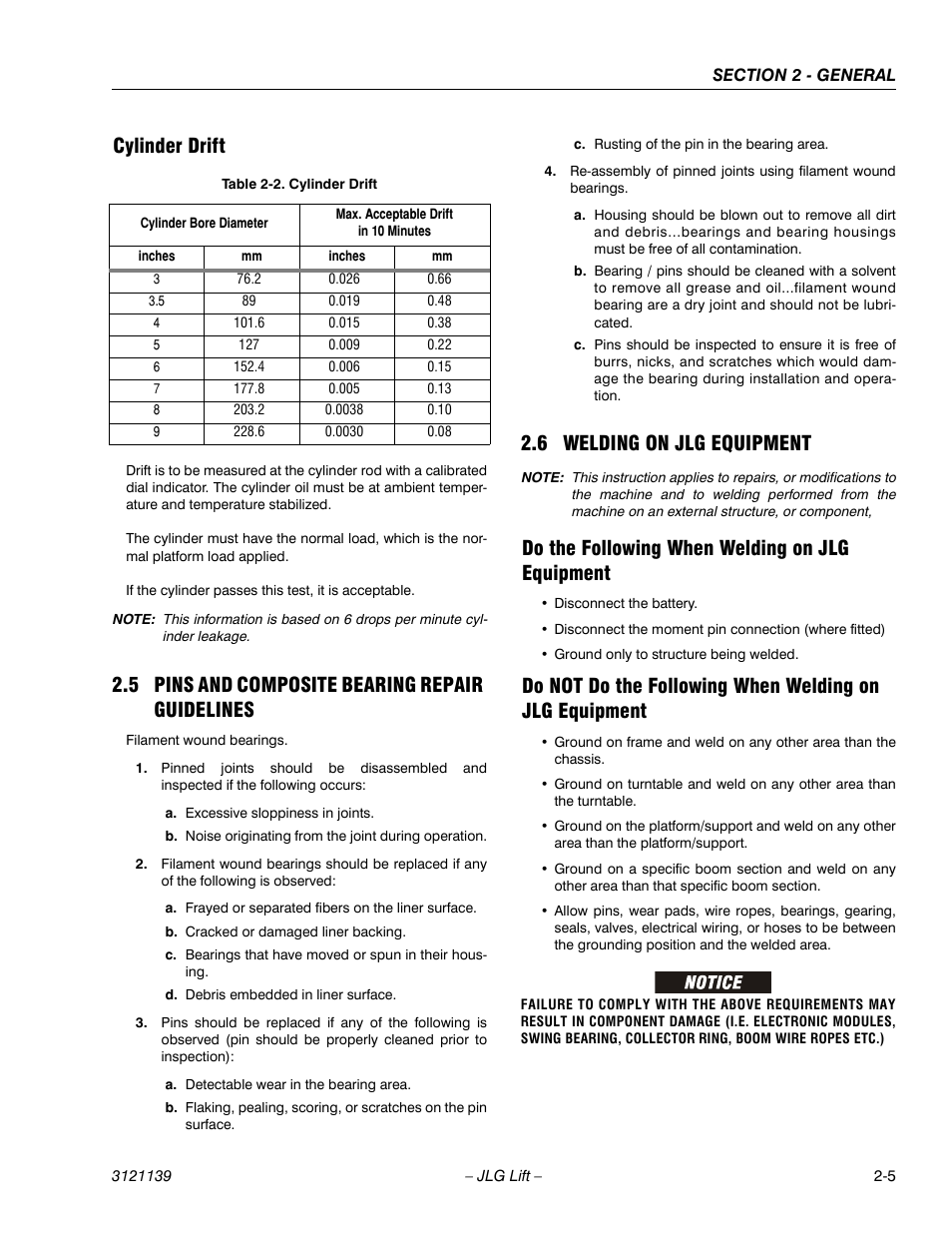 Cylinder drift, 5 pins and composite bearing repair guidelines, 6 welding on jlg equipment | Do the following when welding on jlg equipment, Cylinder drift -5, Pins and composite bearing repair guidelines -5, Welding on jlg equipment -5 | JLG 800S Service Manual User Manual | Page 39 / 372