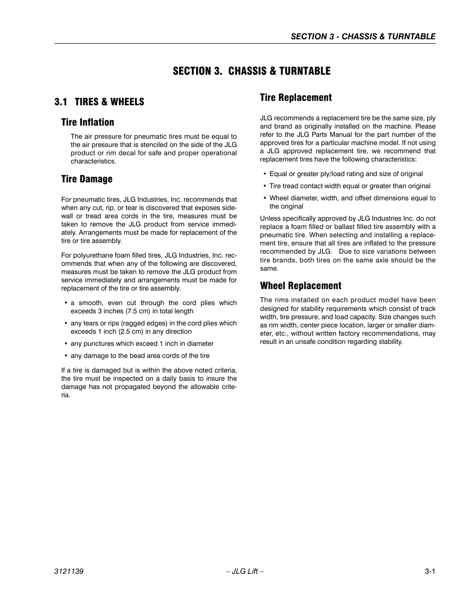 Section 3. chassis & turntable, 1 tires & wheels, Tire inflation | Tire damage, Tire replacement, Wheel replacement, Section 3 - chassis & turntable, Tires & wheels -1, 1 tires & wheels tire inflation | JLG 800S Service Manual User Manual | Page 47 / 372