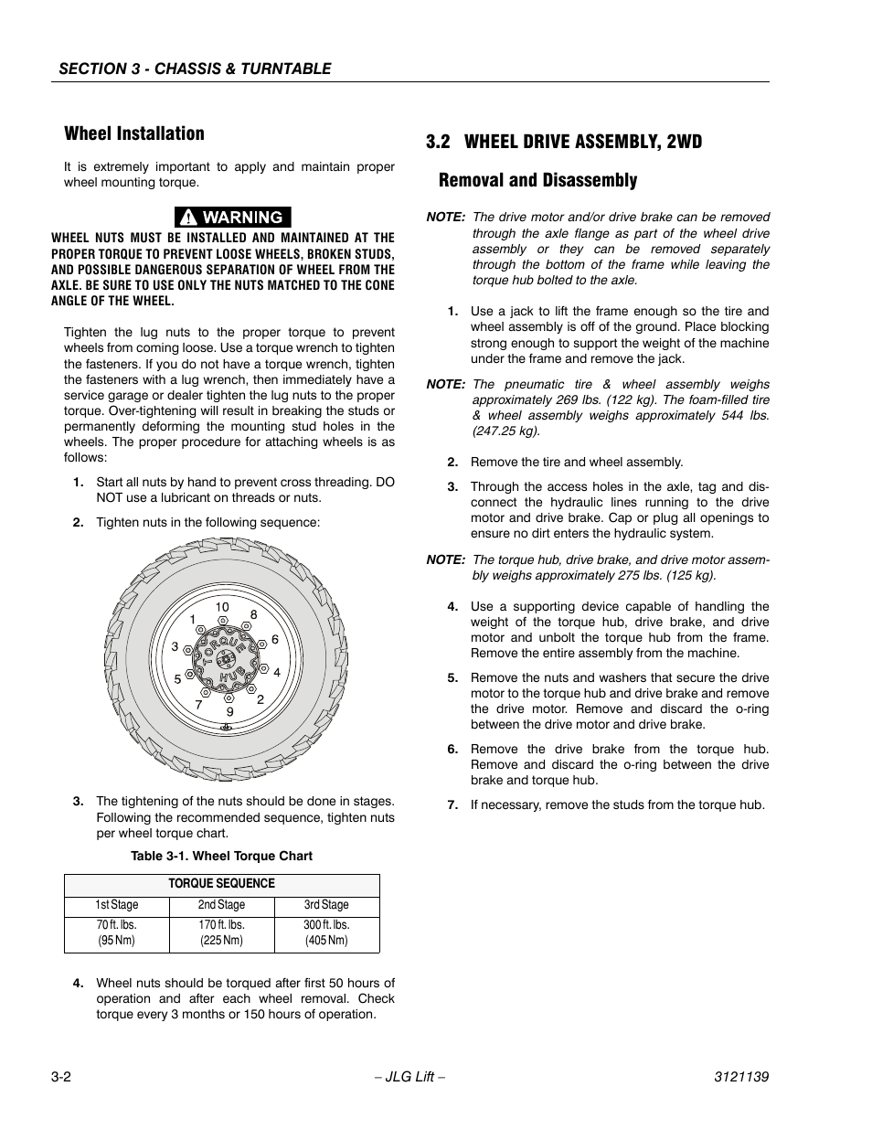 Wheel installation, 2 wheel drive assembly, 2wd, Removal and disassembly | Wheel installation -2, Wheel drive assembly, 2wd -2, Removal and disassembly -2, Wheel torque chart -2 | JLG 800S Service Manual User Manual | Page 48 / 372