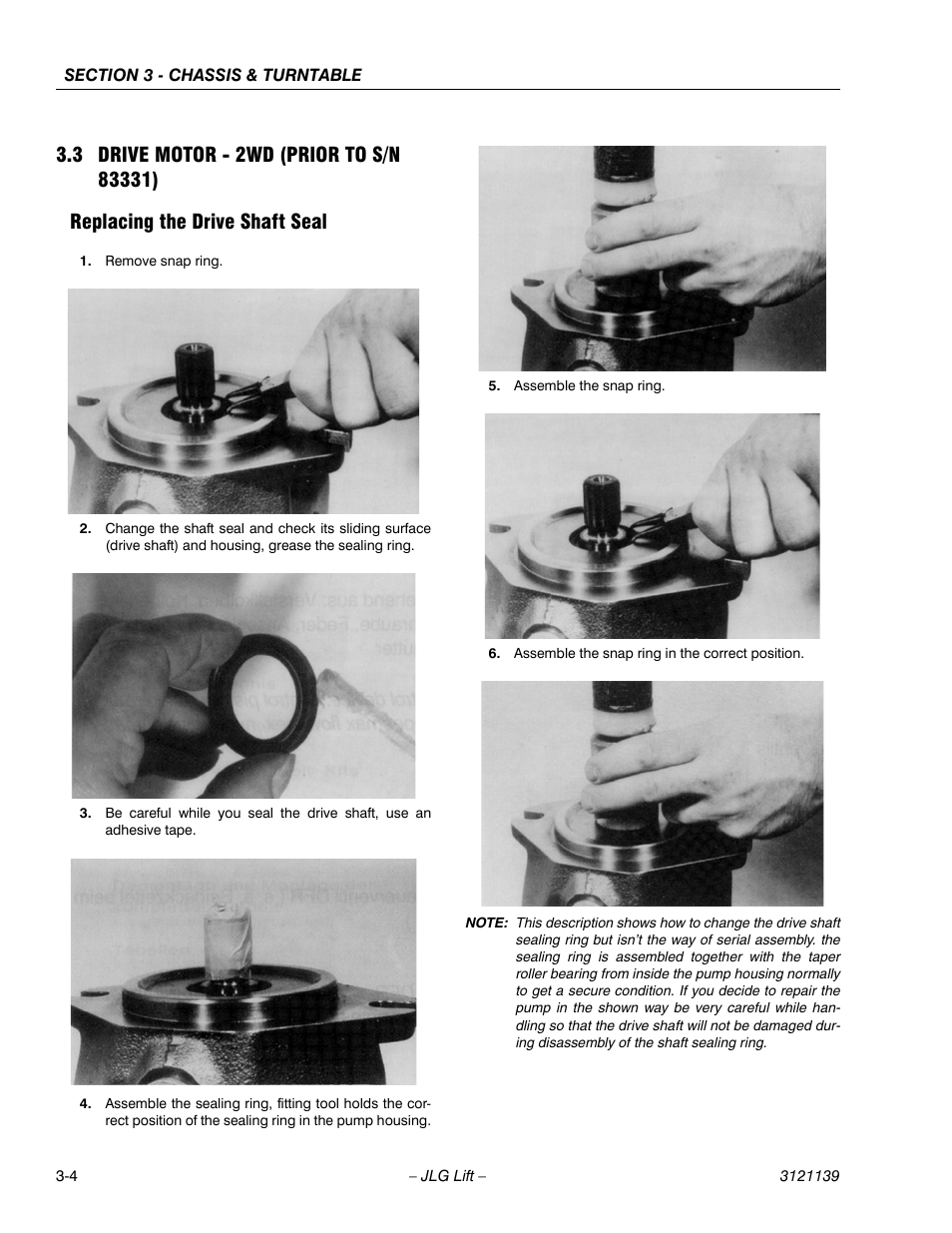 3 drive motor - 2wd (prior to s/n 83331), Replacing the drive shaft seal, Drive motor - 2wd (prior to s/n 83331) -4 | Replacing the drive shaft seal -4 | JLG 800S Service Manual User Manual | Page 50 / 372