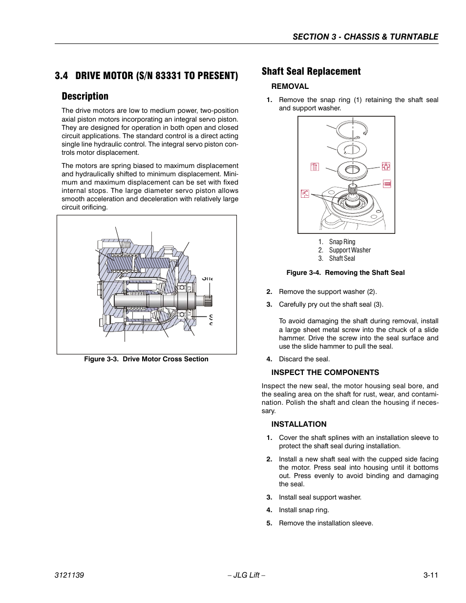 4 drive motor (s/n 83331 to present), Description, Shaft seal replacement | Drive motor (s/n 83331 to present) -11, Description -11 shaft seal replacement -11, Drive motor cross section -11, Removing the shaft seal -11 | JLG 800S Service Manual User Manual | Page 57 / 372