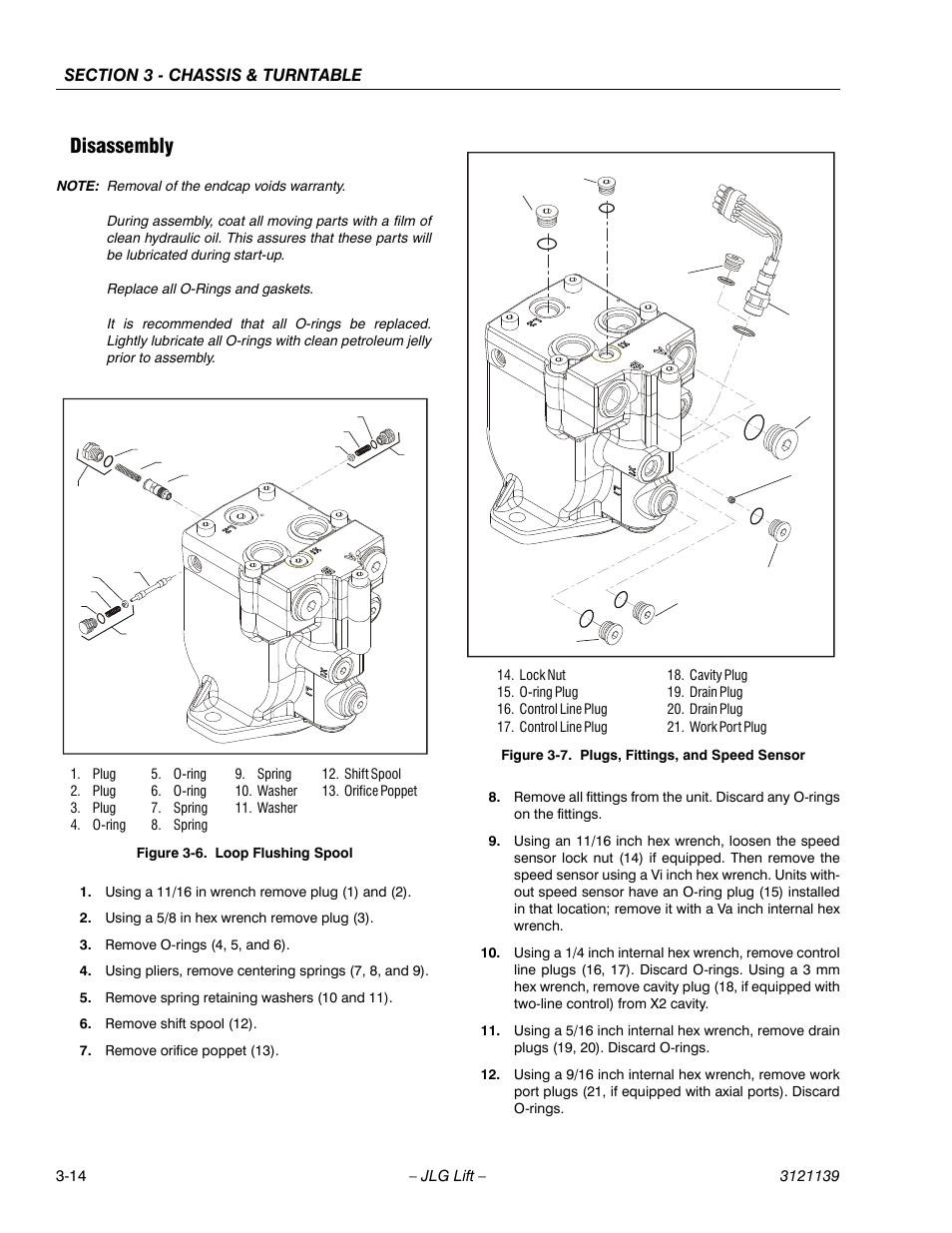 Disassembly, Disassembly -14, Loop flushing spool -14 | Plugs, fittings, and speed sensor -14 | JLG 800S Service Manual User Manual | Page 60 / 372