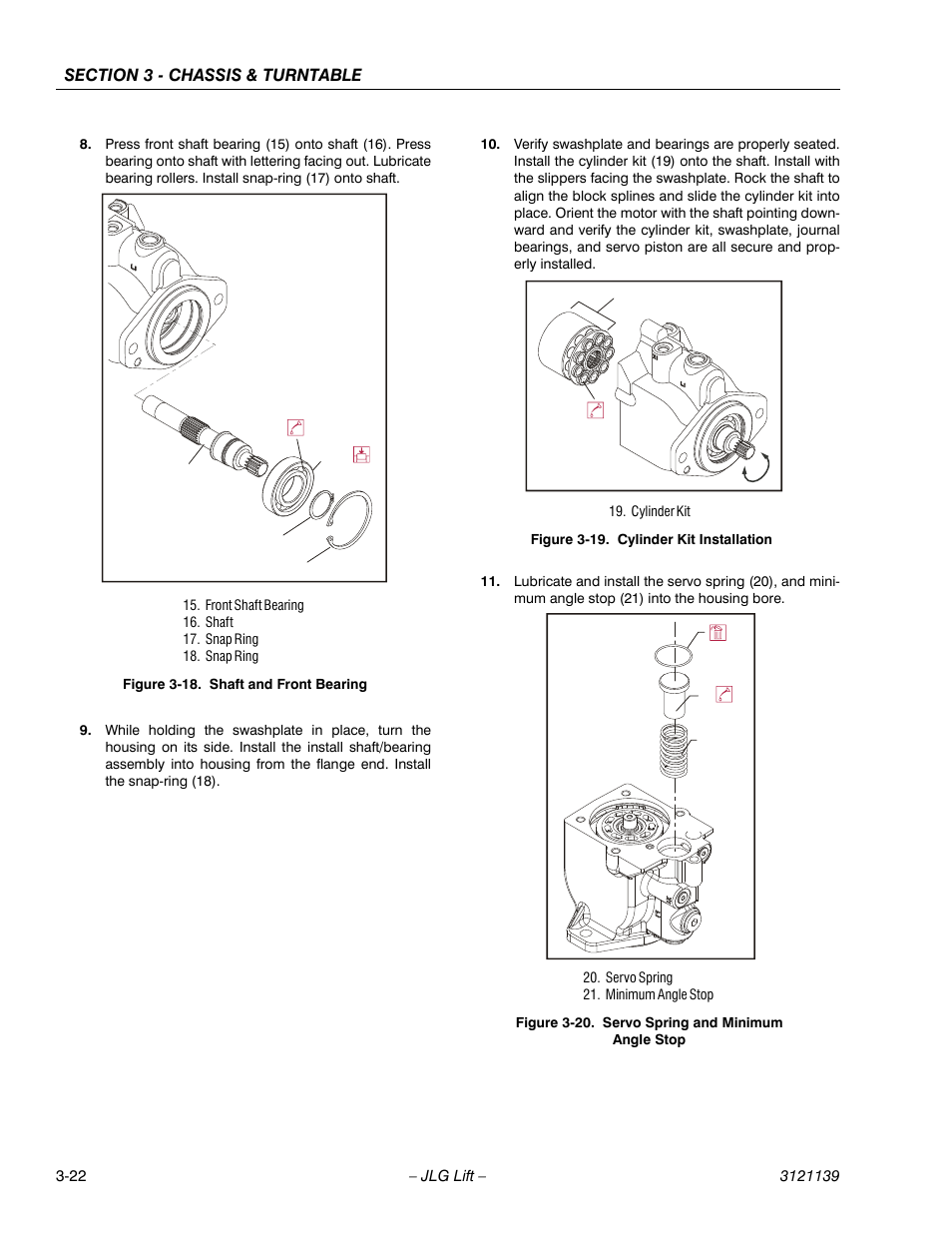 Shaft and front bearing -22, Cylinder kit installation -22, Servo spring and minimum angle stop -22 | JLG 800S Service Manual User Manual | Page 68 / 372