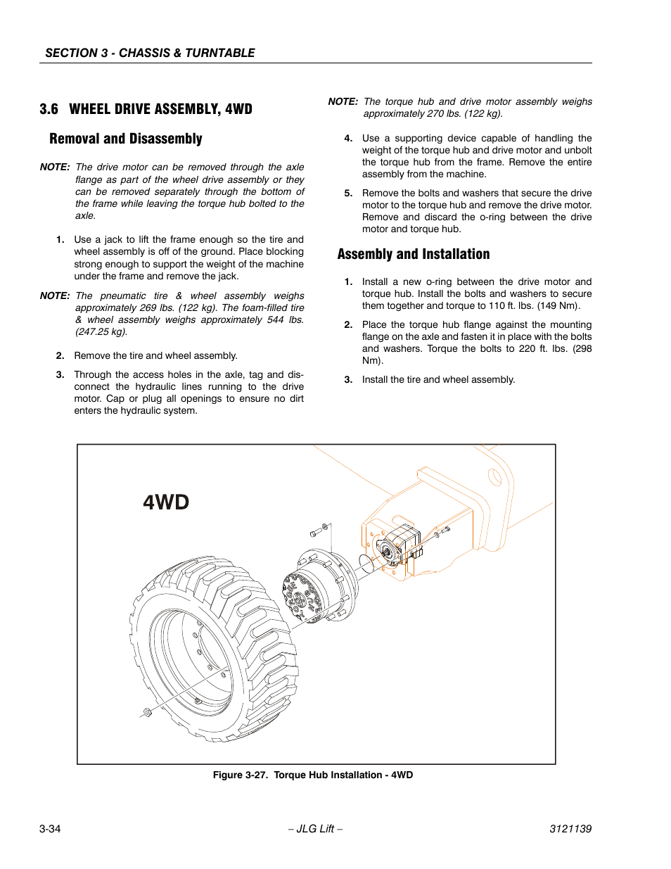 6 wheel drive assembly, 4wd, Removal and disassembly, Assembly and installation | Wheel drive assembly, 4wd -34, Torque hub installation - 4wd -34 | JLG 800S Service Manual User Manual | Page 80 / 372