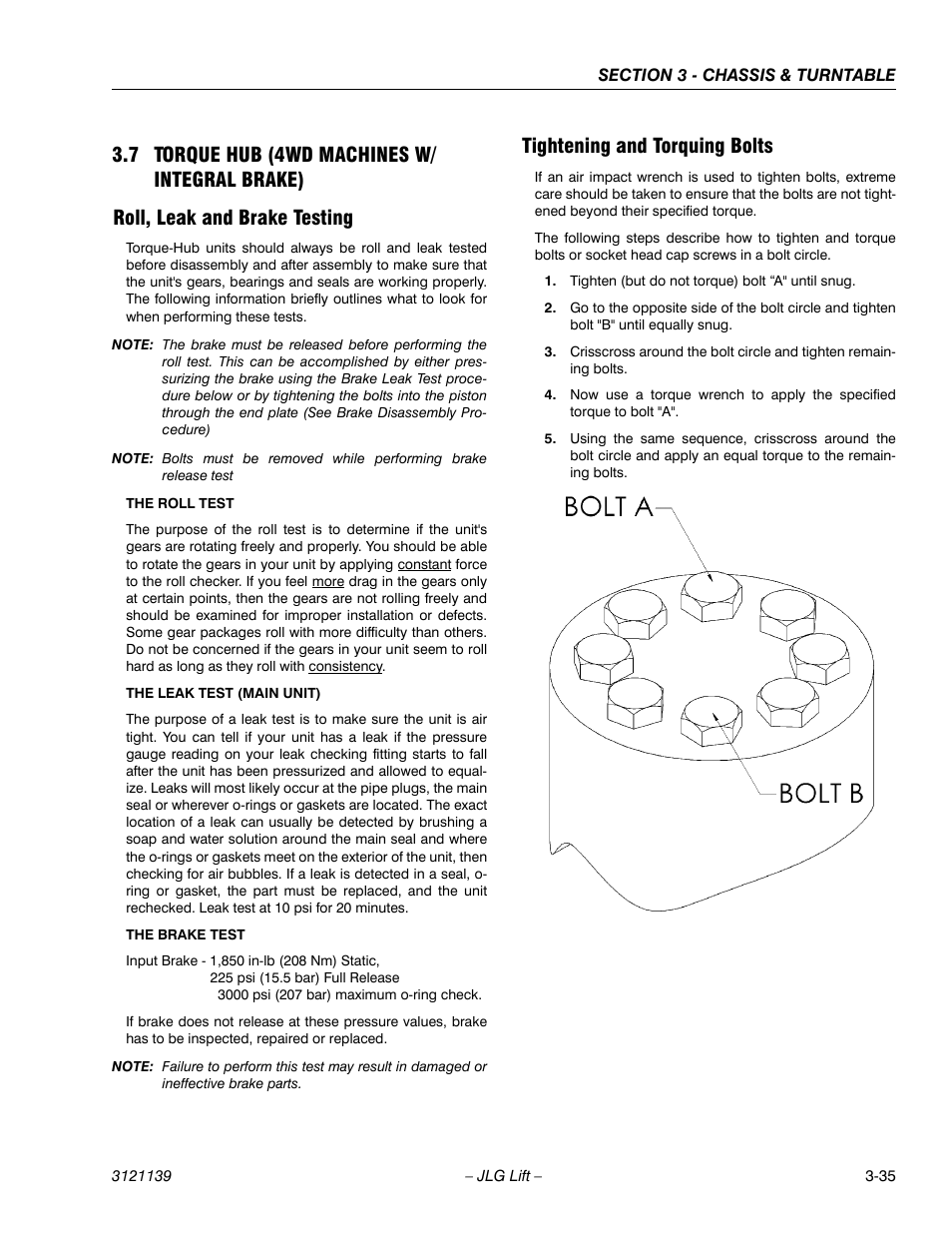 7 torque hub (4wd machines w/ integral brake), Roll, leak and brake testing, Tightening and torquing bolts | Torque hub (4wd machines w/ integral brake) -35 | JLG 800S Service Manual User Manual | Page 81 / 372